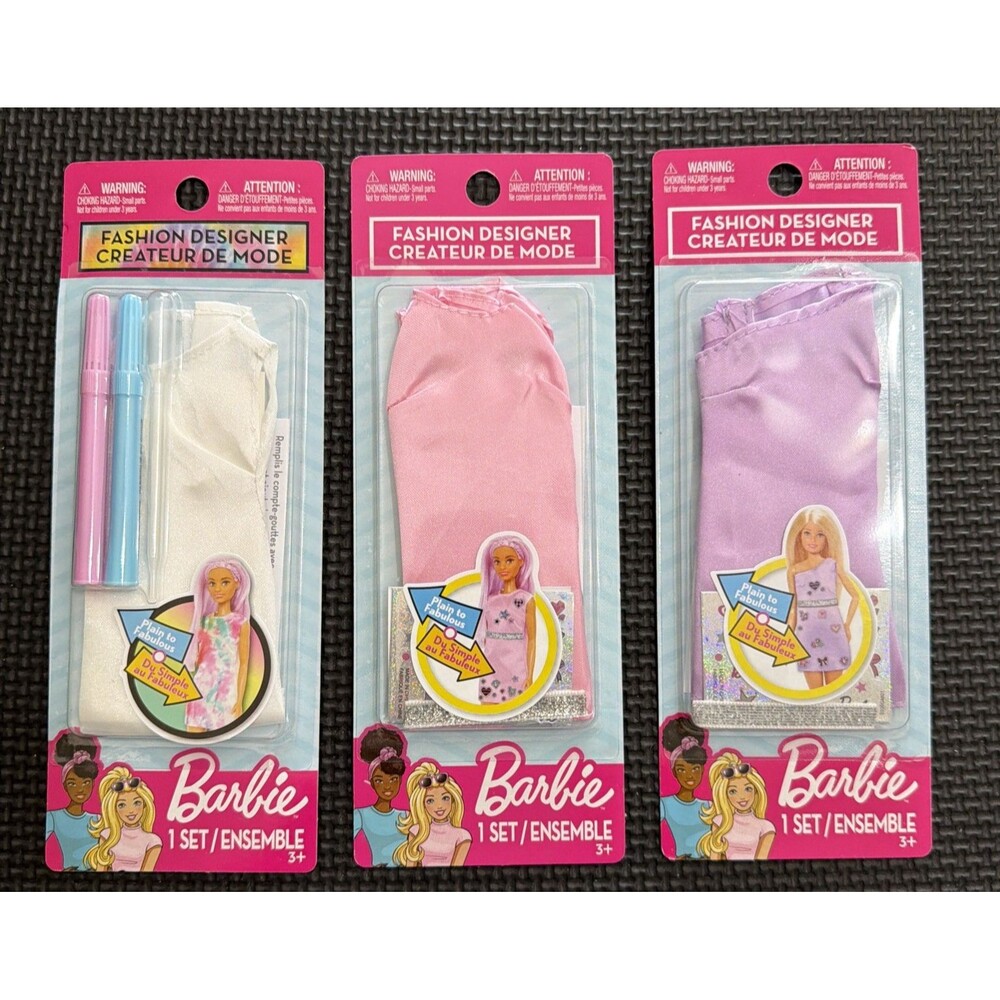 Barbie Fashion Designer Clothes Pink White and Purple Dress 3 pack